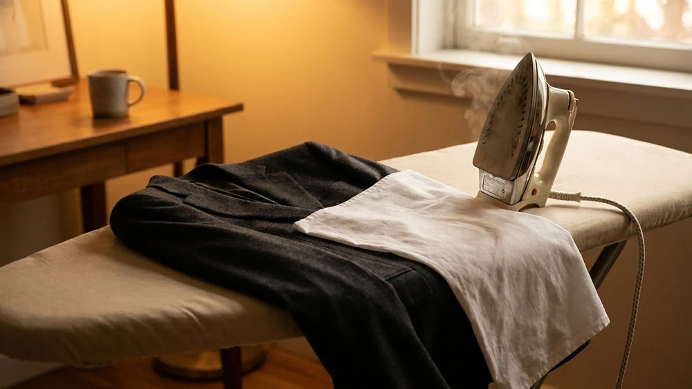 A suit jacket on an ironing board with a pressing cloth and iron nearby.