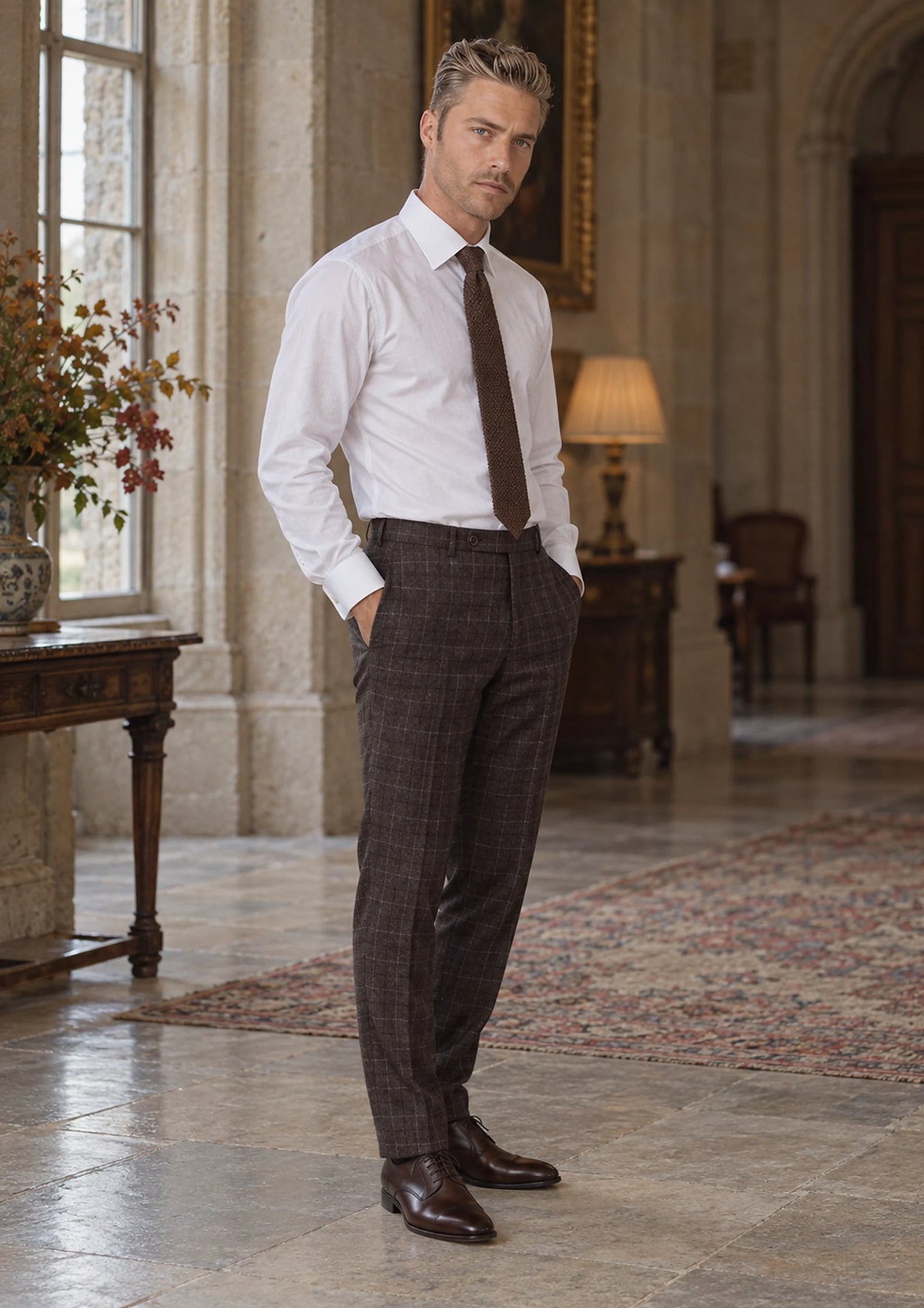 Cedar Brown Flannel Windowpane Pants worn by a model, country house hall124