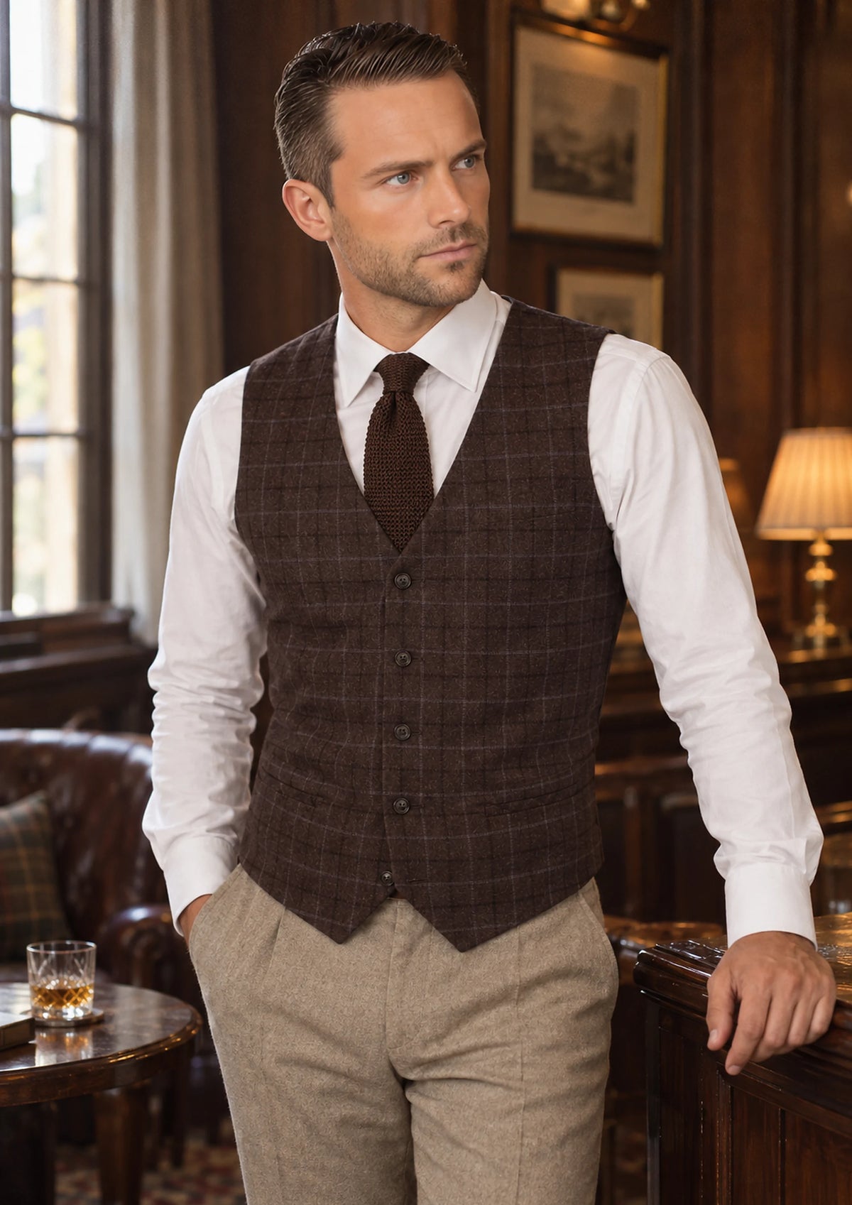 Cedar Brown Flannel Windowpane Vest worn by a model, club whisky bar830