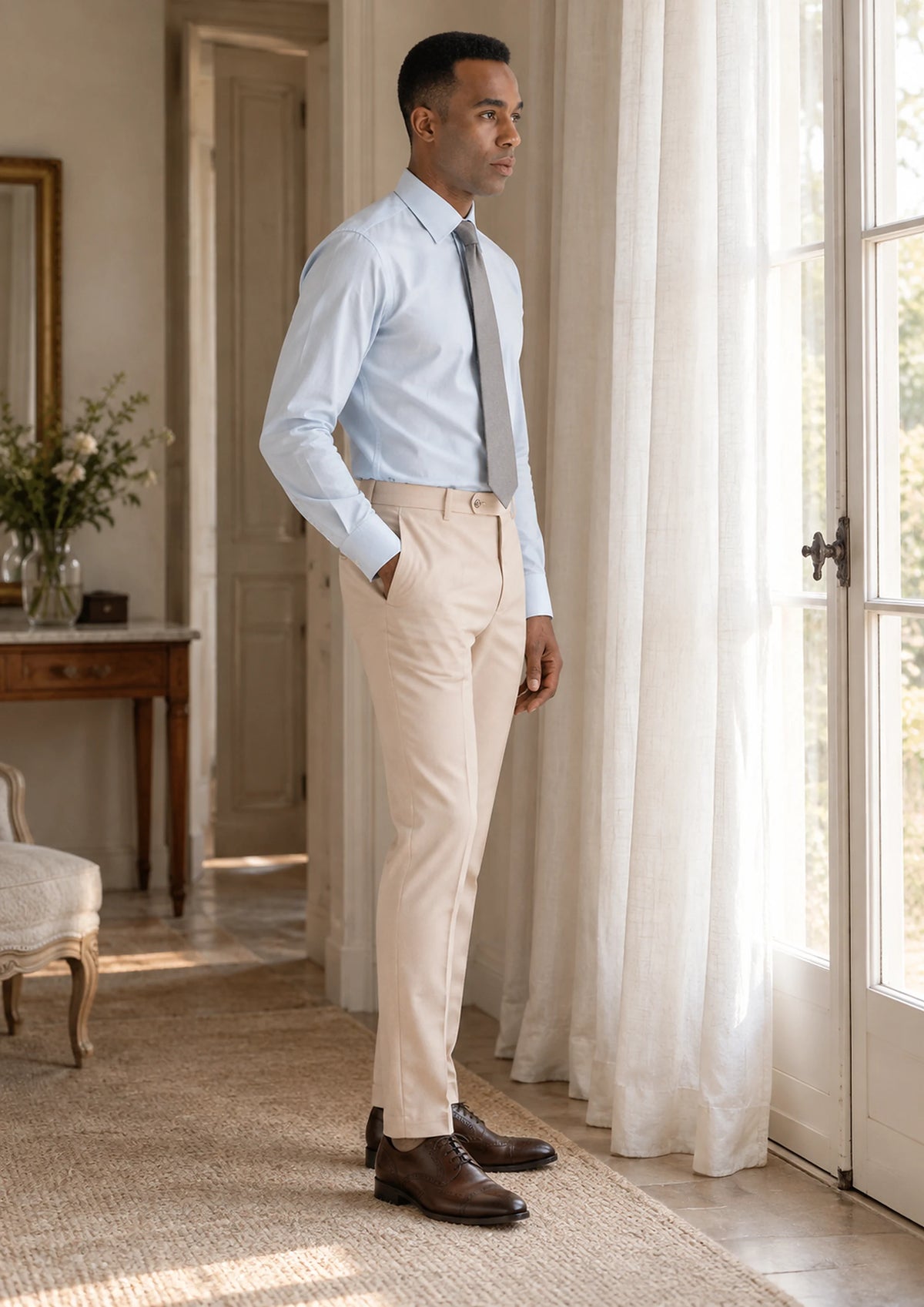 Champagne Cotton Pants worn by a model, villa dressing room509