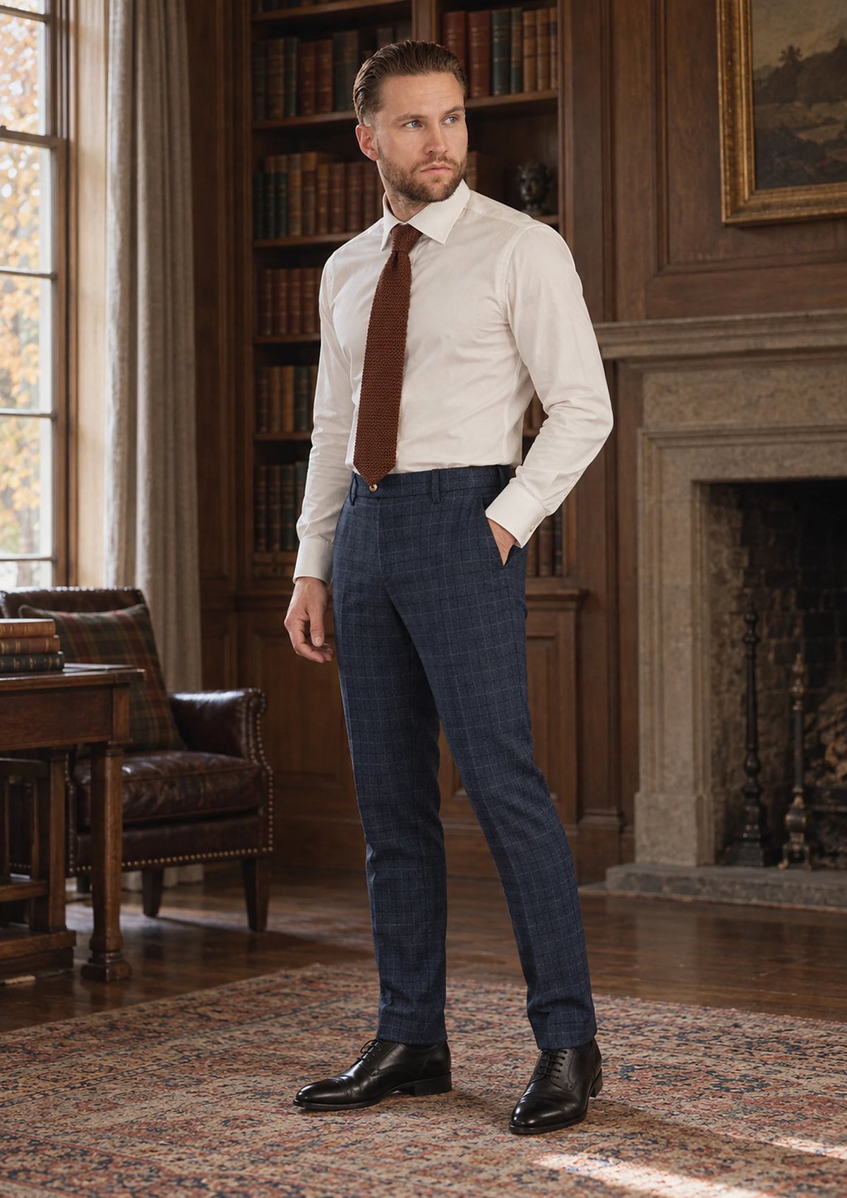 Charcoal Blue Check Flannel Pants worn by a model, country house library508
