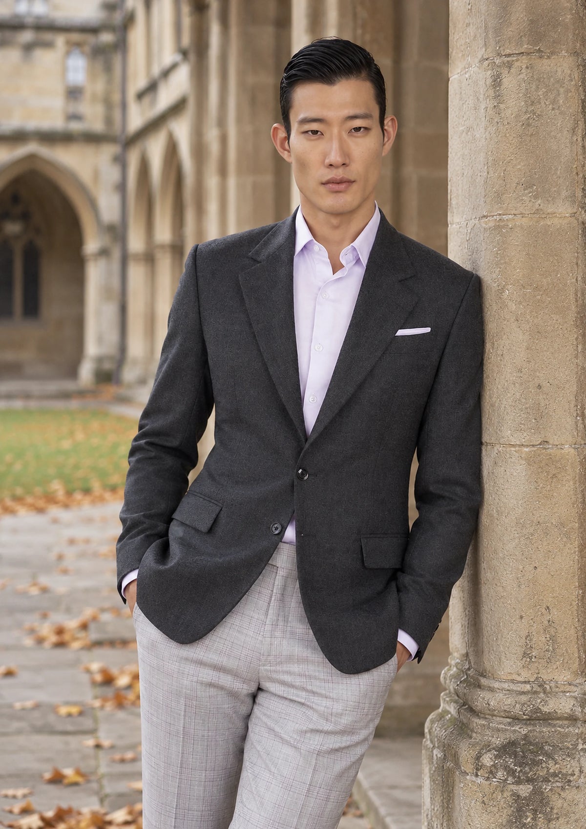 Charcoal Flannel Jacket worn by a model, college cloister542