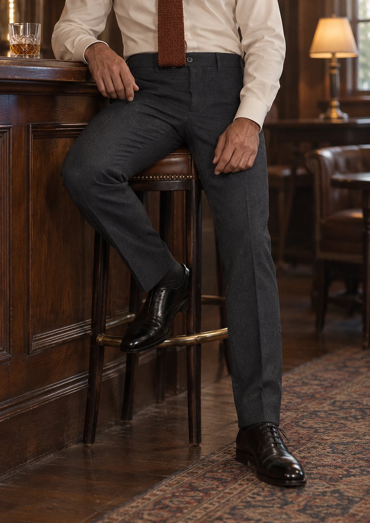Charcoal Flannel Pants worn by a model, club whisky bar250