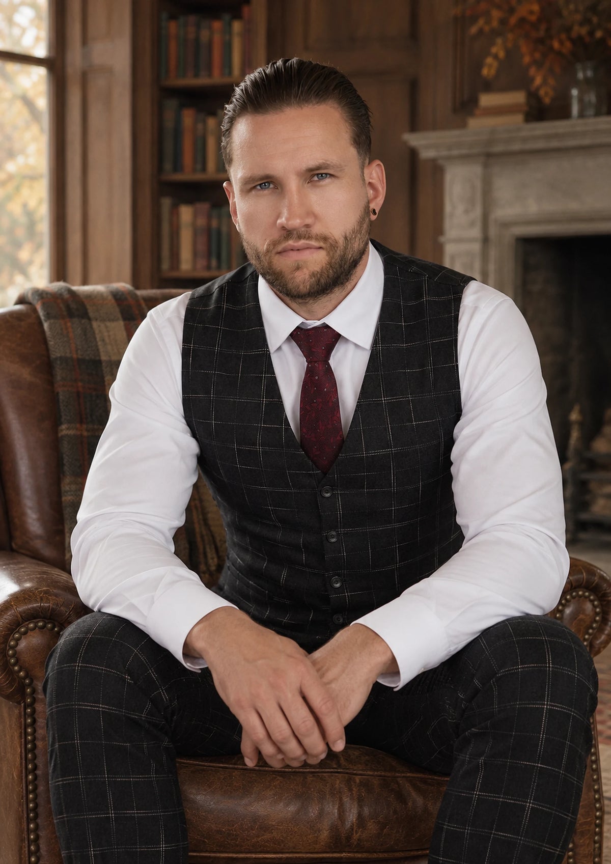 Charcoal Flannel Windowpane Vest worn by a model, country house library195
