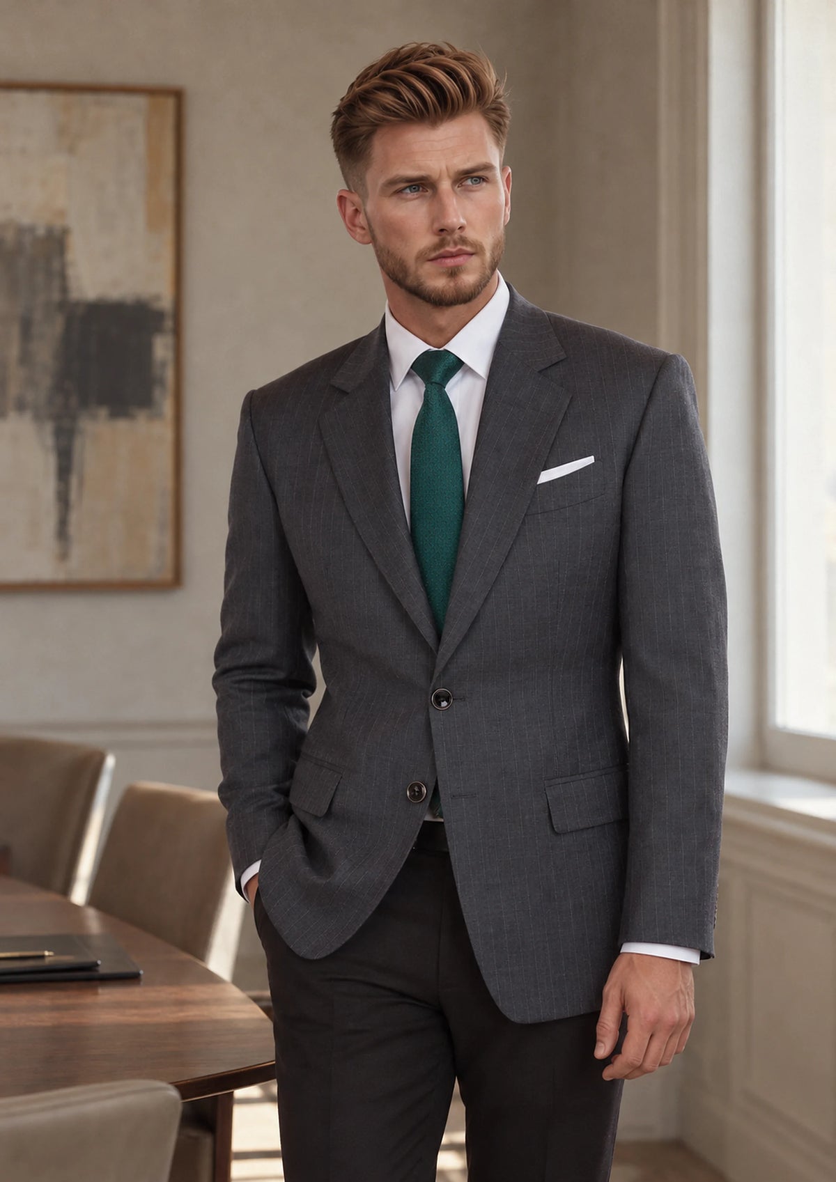 Charcoal Pinstripe Jacket worn by a model, private bank meeting room508