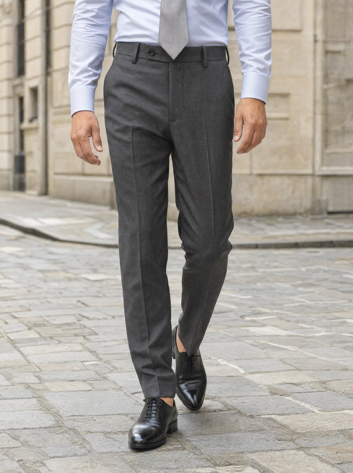 Charcoal Sharkskin Pants worn by a model, financial district street421