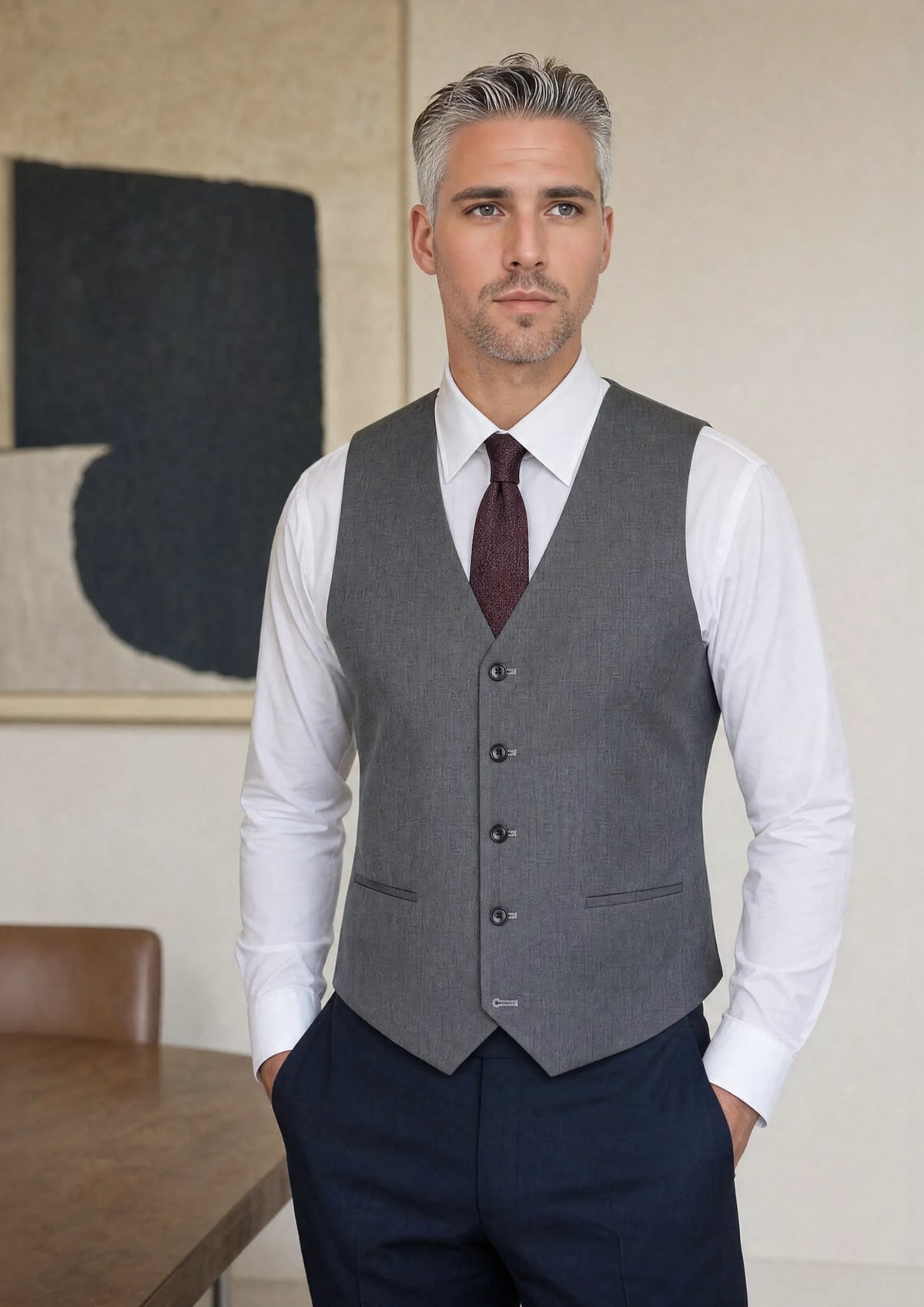 Charcoal Sharkskin Vest worn by a model, private bank meeting room183