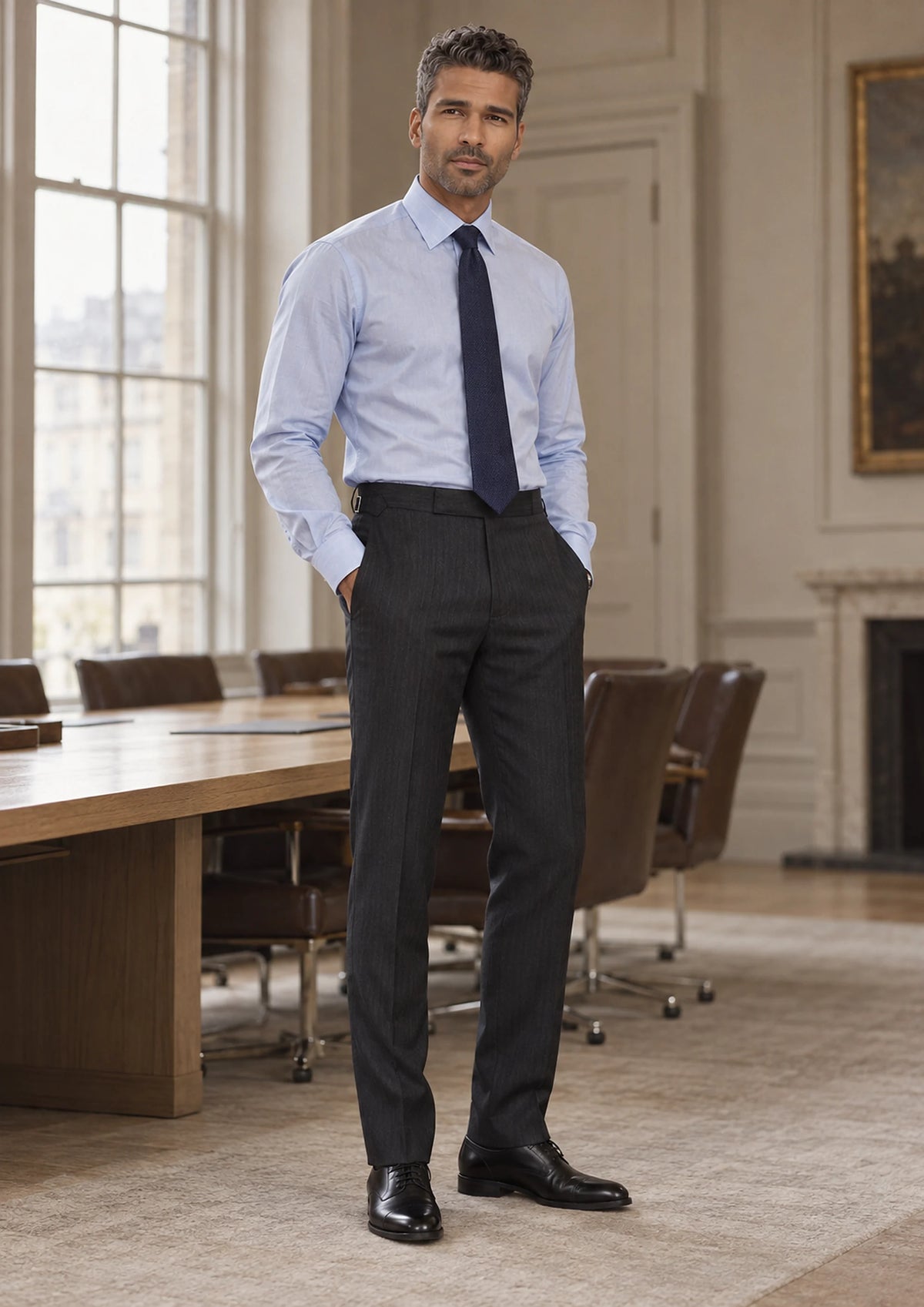 Charcoal Smoke Pants worn by a model, law firm boardroom269