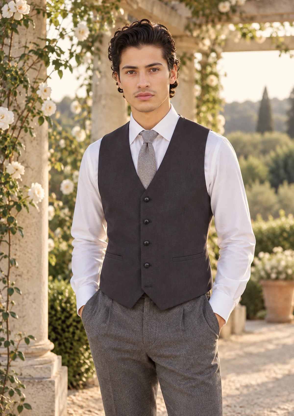Charcoal Stretch Vest worn by a model, garden wedding pergola159