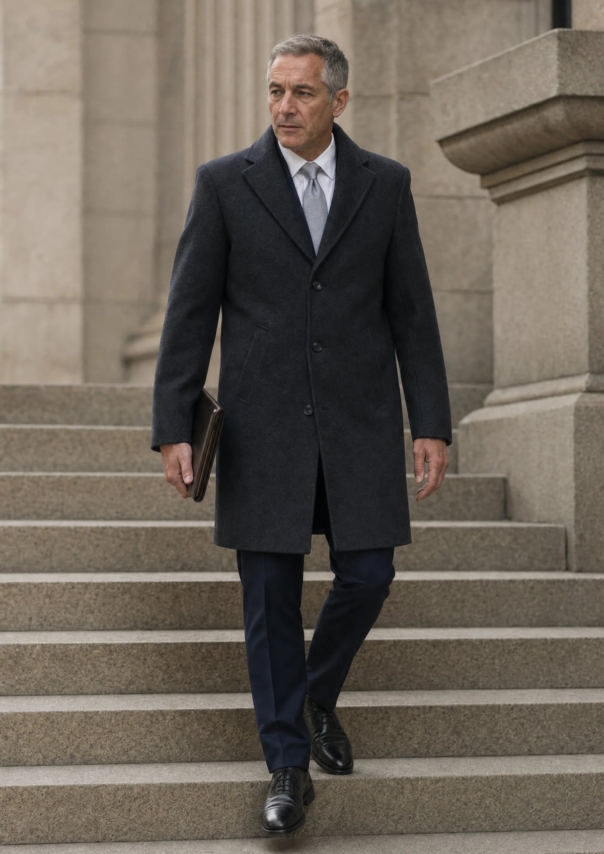 Charcoal Wool Classic Overcoat worn over a casual outfit in a lifestyle setting570