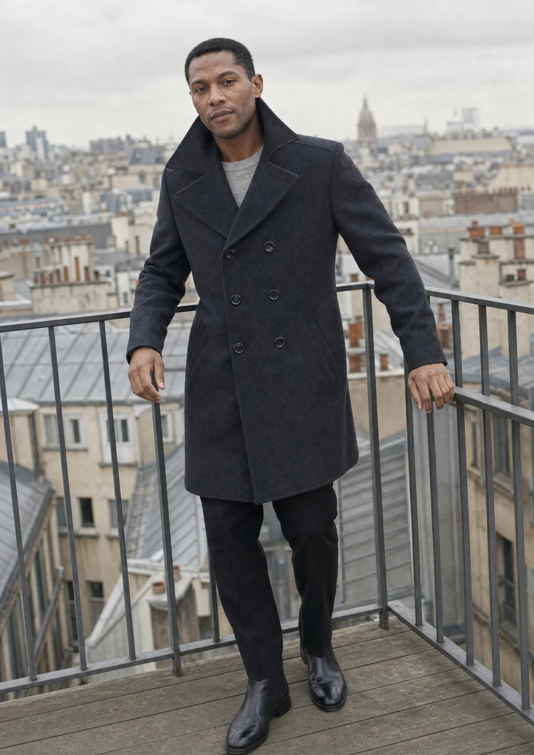 Charcoal Wool Signature Peacoat - SARTORO Charcoal Wool Signature Peacoat - SARTORO