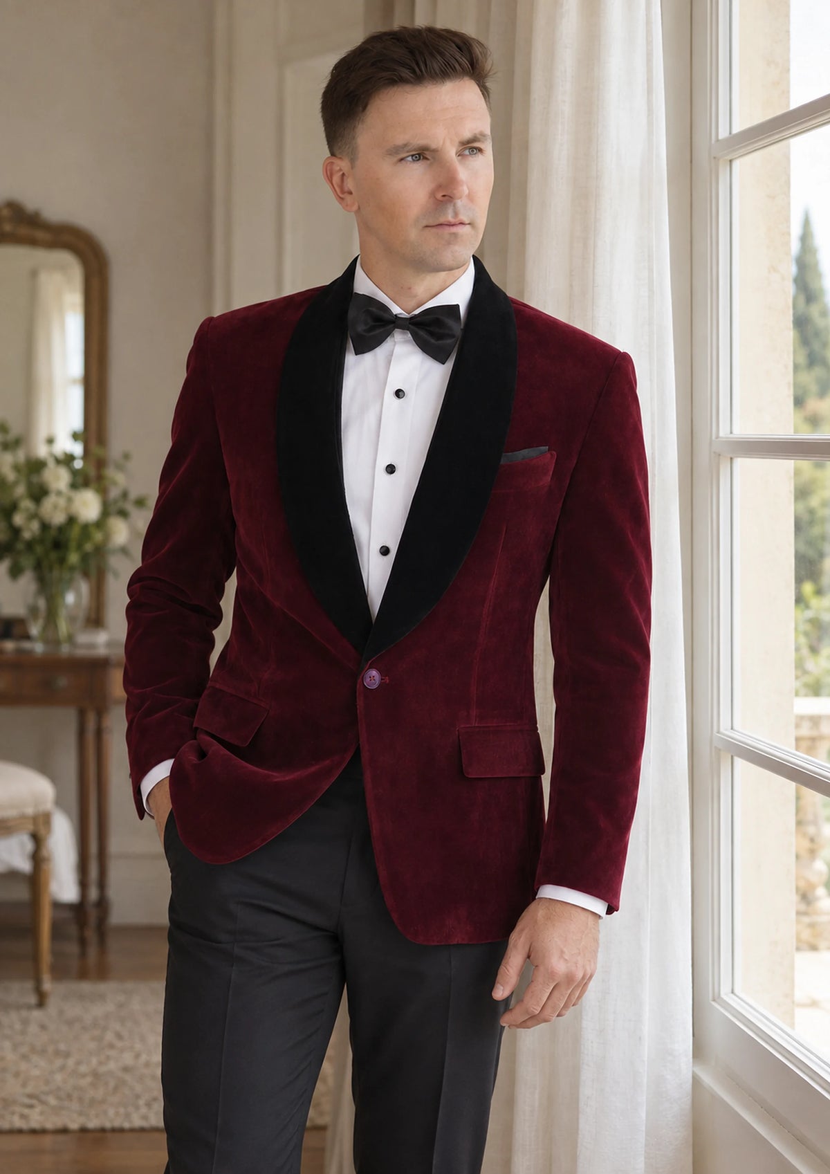 Deep Burgundy Velvet Tuxedo Jacket worn by a model, villa dressing room640