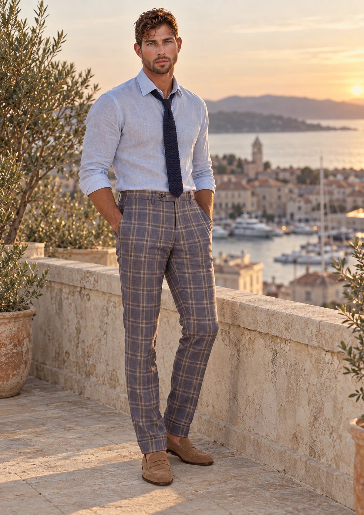 Cincinnati Lilac Checked Pants worn by a model, riviera rooftop910