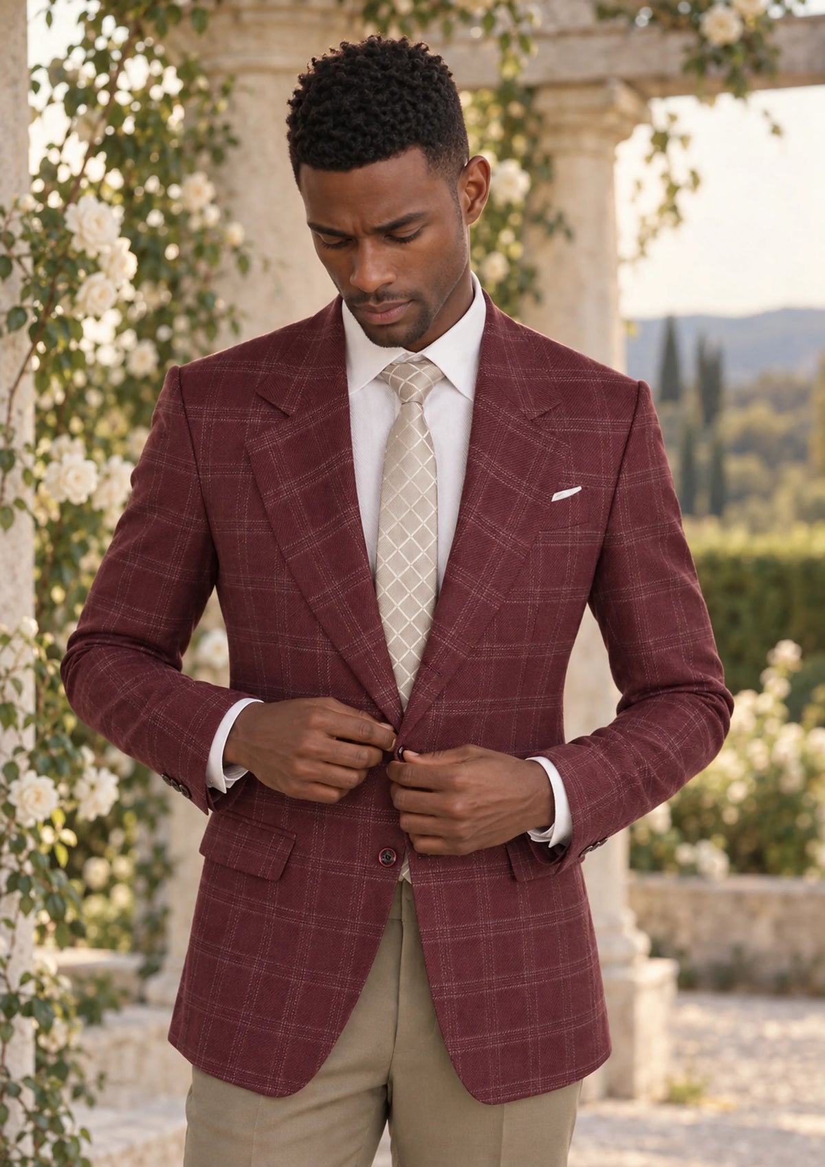 Claret Red Thompson Jacket worn by a model, garden wedding pergola950
