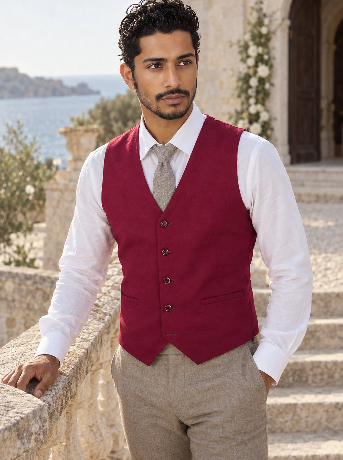 Claret Red Stretch Vest worn by a model, summer chapel steps28