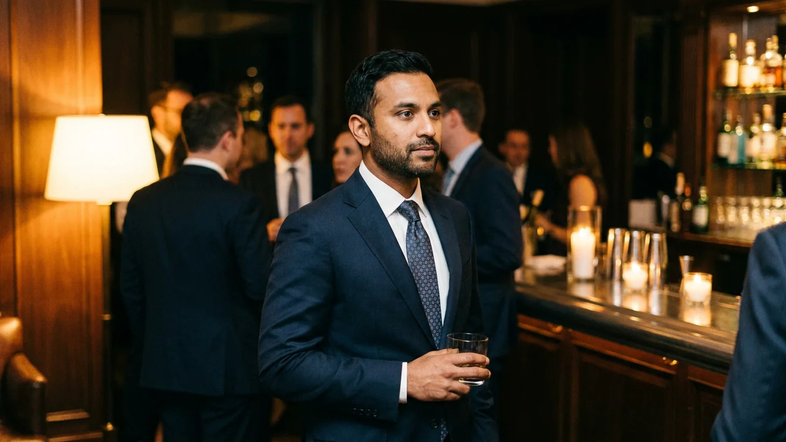 A man in a dark blue suit at an evening cocktail event.