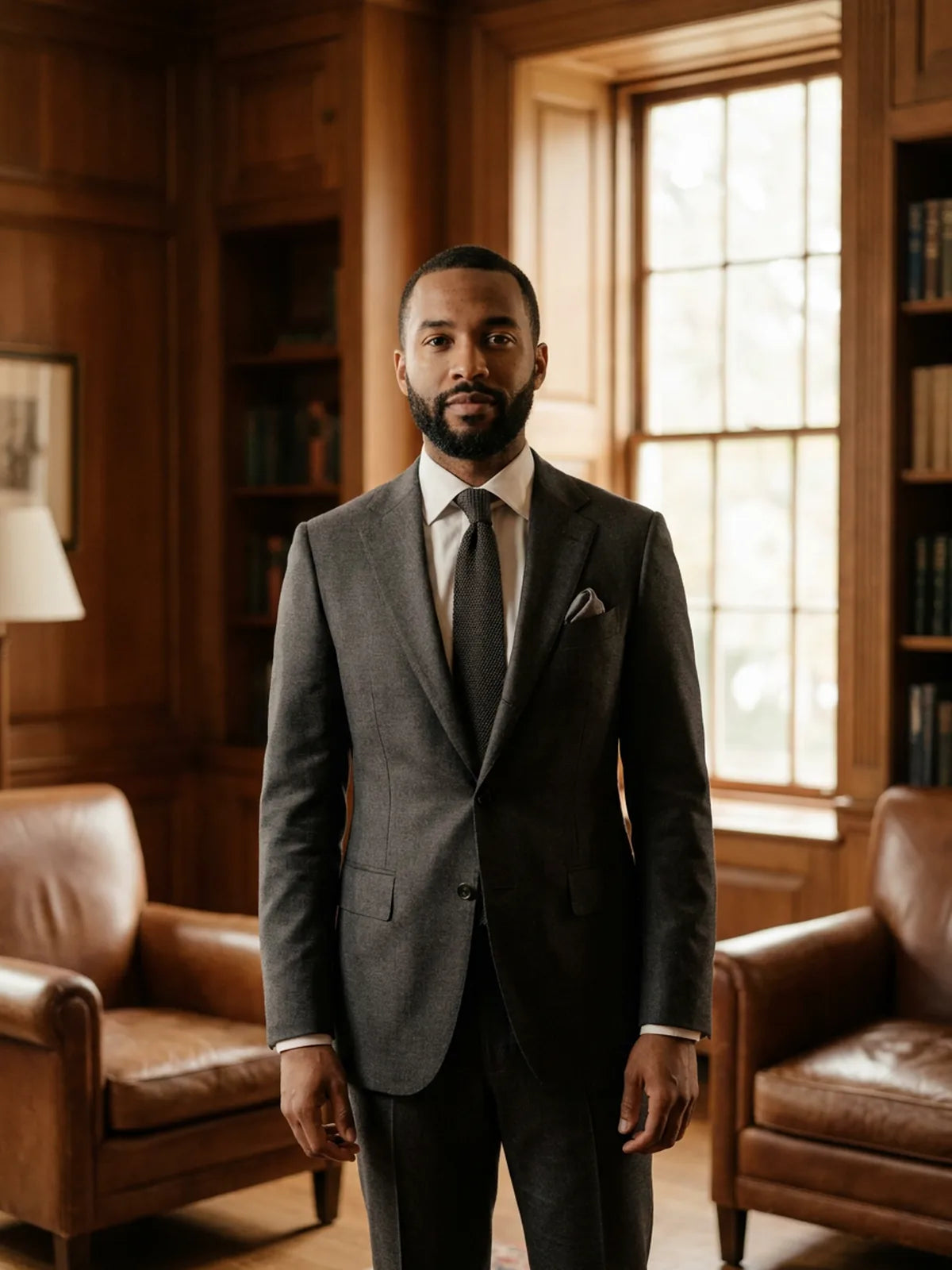 A man in a charcoal suit styled for a semi-formal daytime occasion.