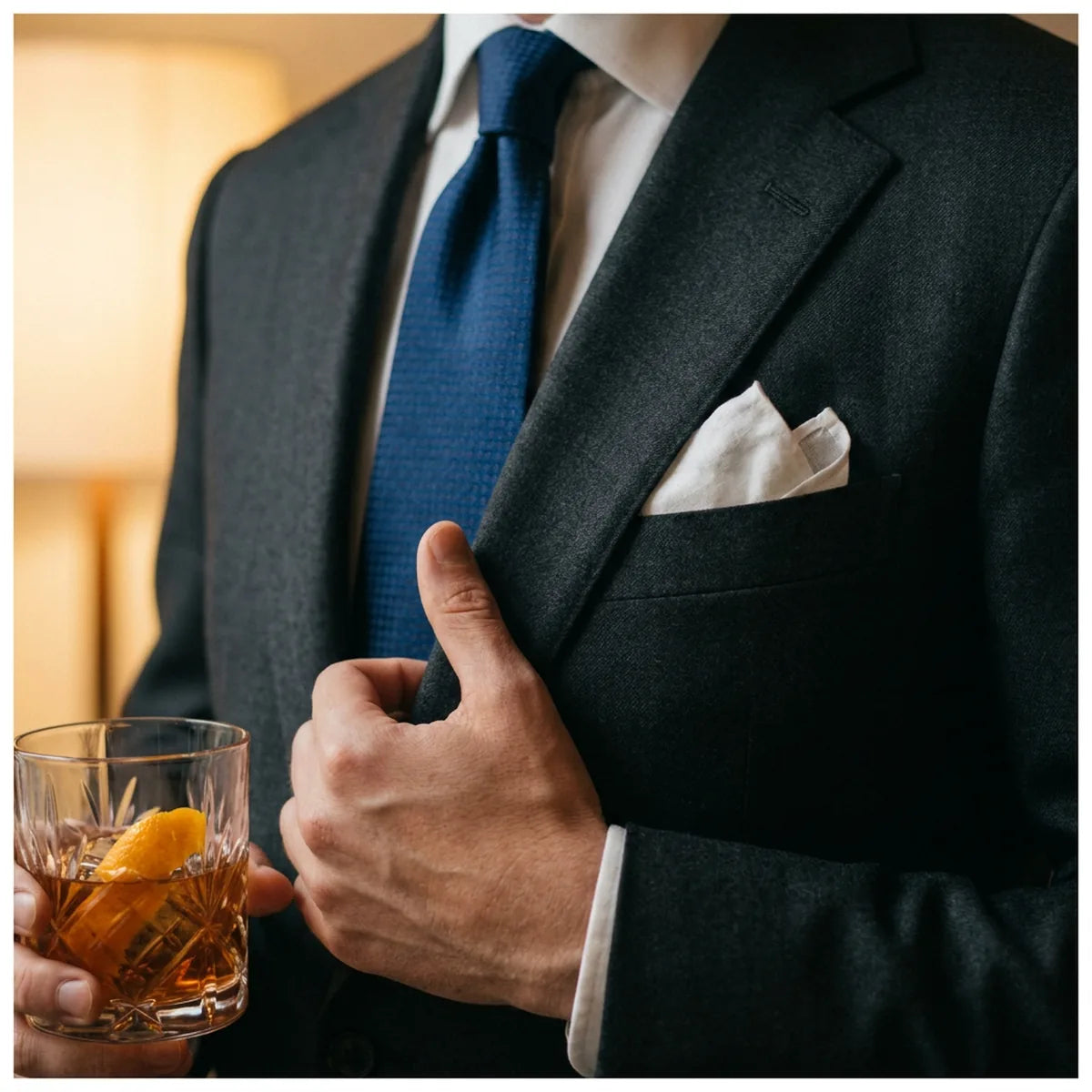 A dark suit with a silk tie and folded pocket square.