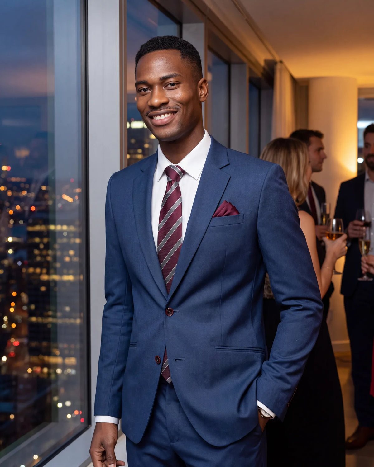 Choose a richer tie and a pocket square with some color for the cocktail reading. Semi-formal keeps both quieter.