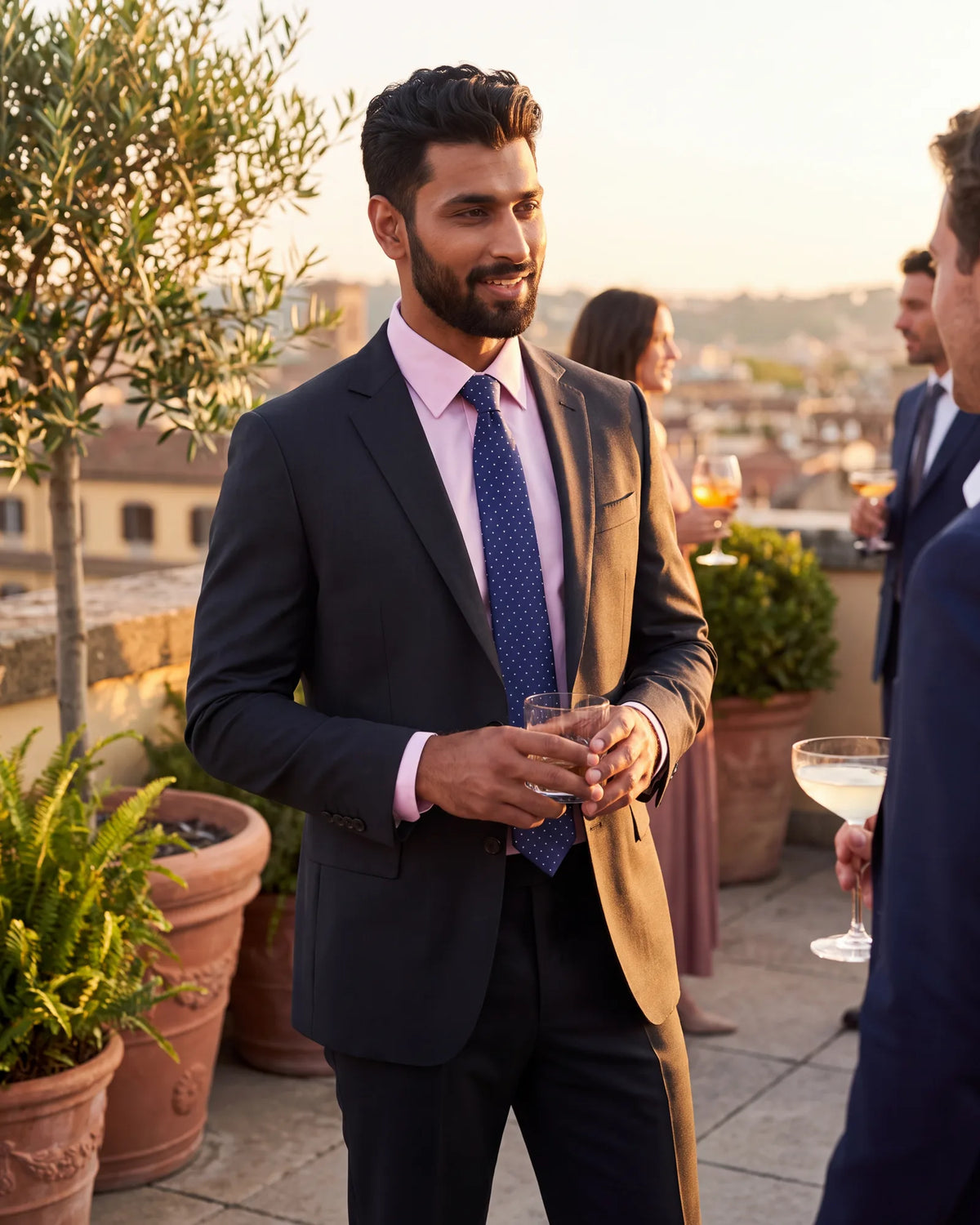 Want color without breaking the code? Soft pink or pale blue works at most cocktail events.
