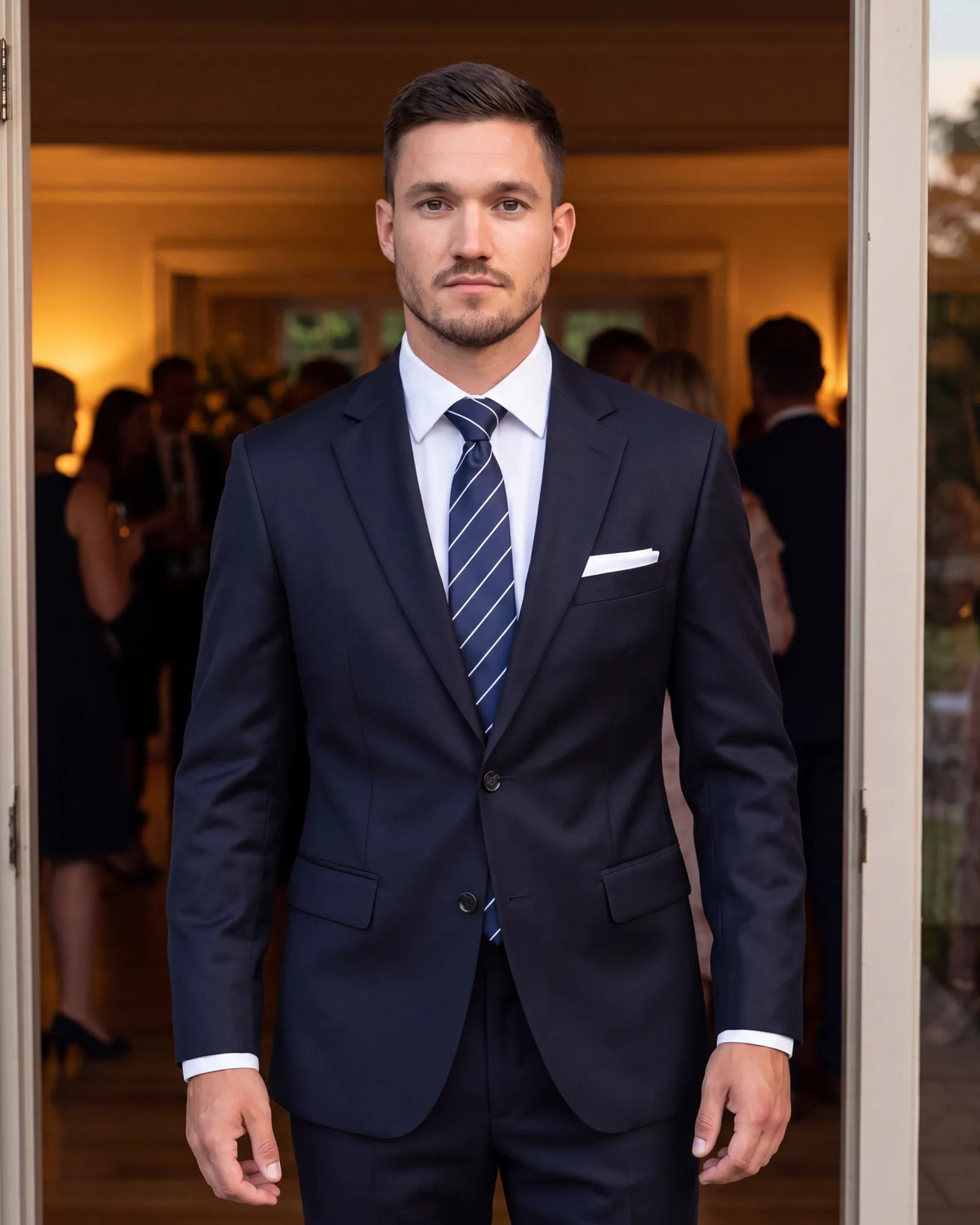 Need one safe look for an evening wedding? Start dark, then add a white point-collar shirt, a navy silk tie and a white pocket square.