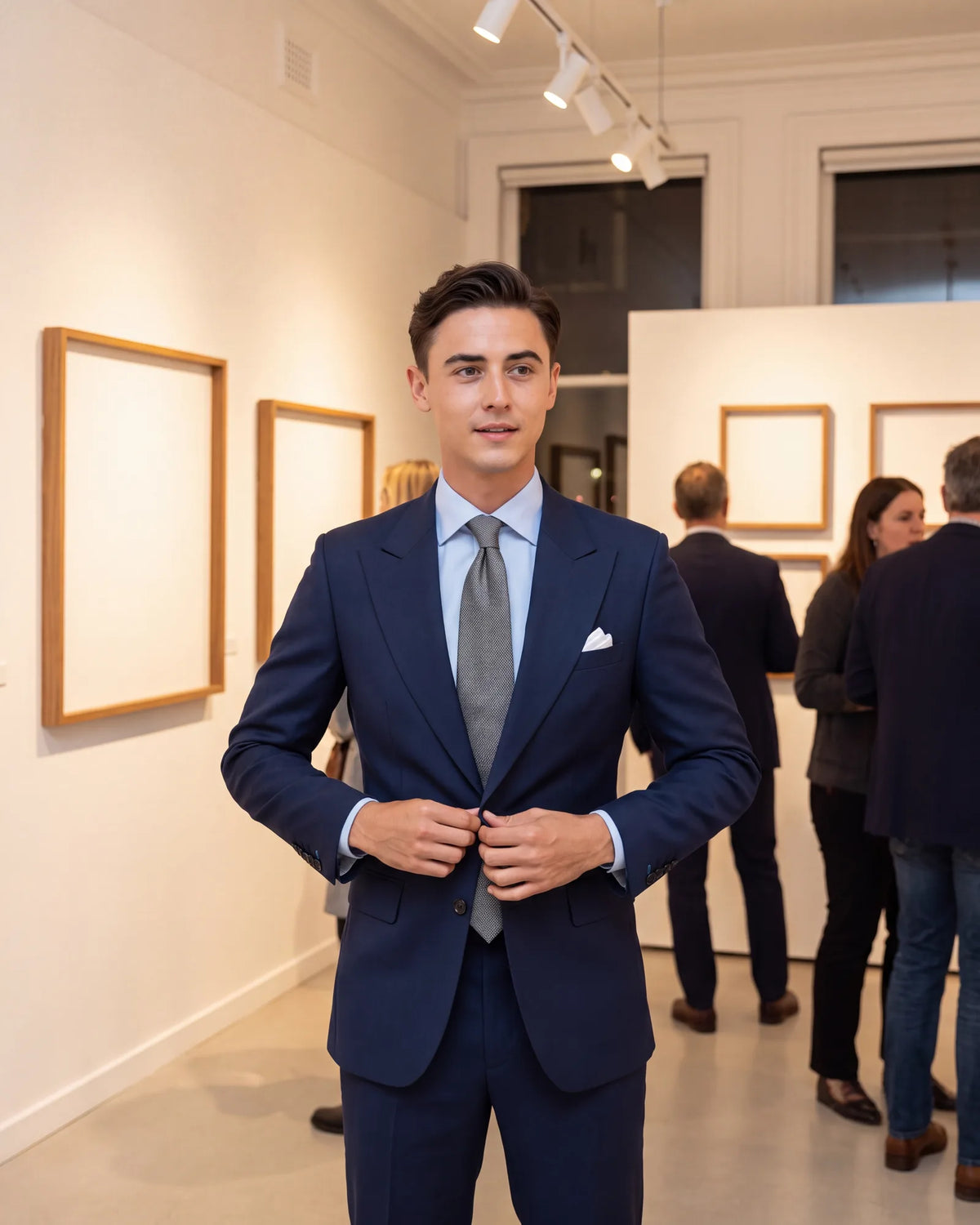 At a gallery opening, let a textured suit be the one expressive piece and keep the shirt, tie and pocket square plain.