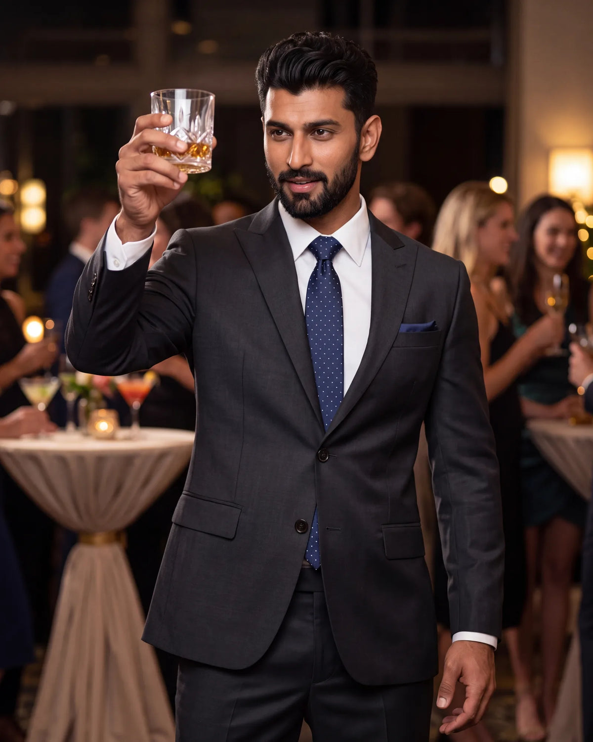 Do the glass test before the event: raise a hand. If the jacket stays put, the armhole is cut high and close enough.