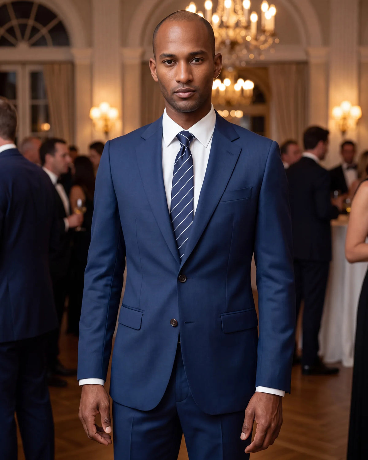 Standing all evening? Button the jacket and check the front. It should close flat, with no X pulling across the stomach.