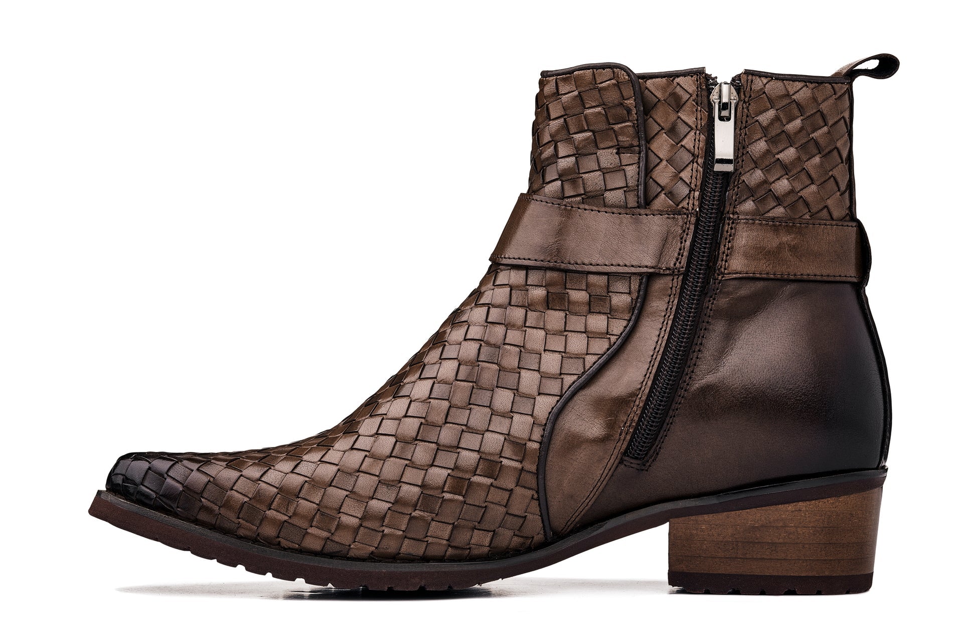 Coffee Brown Woven High-Top Buckle Zipper Ankle Boots - 3828