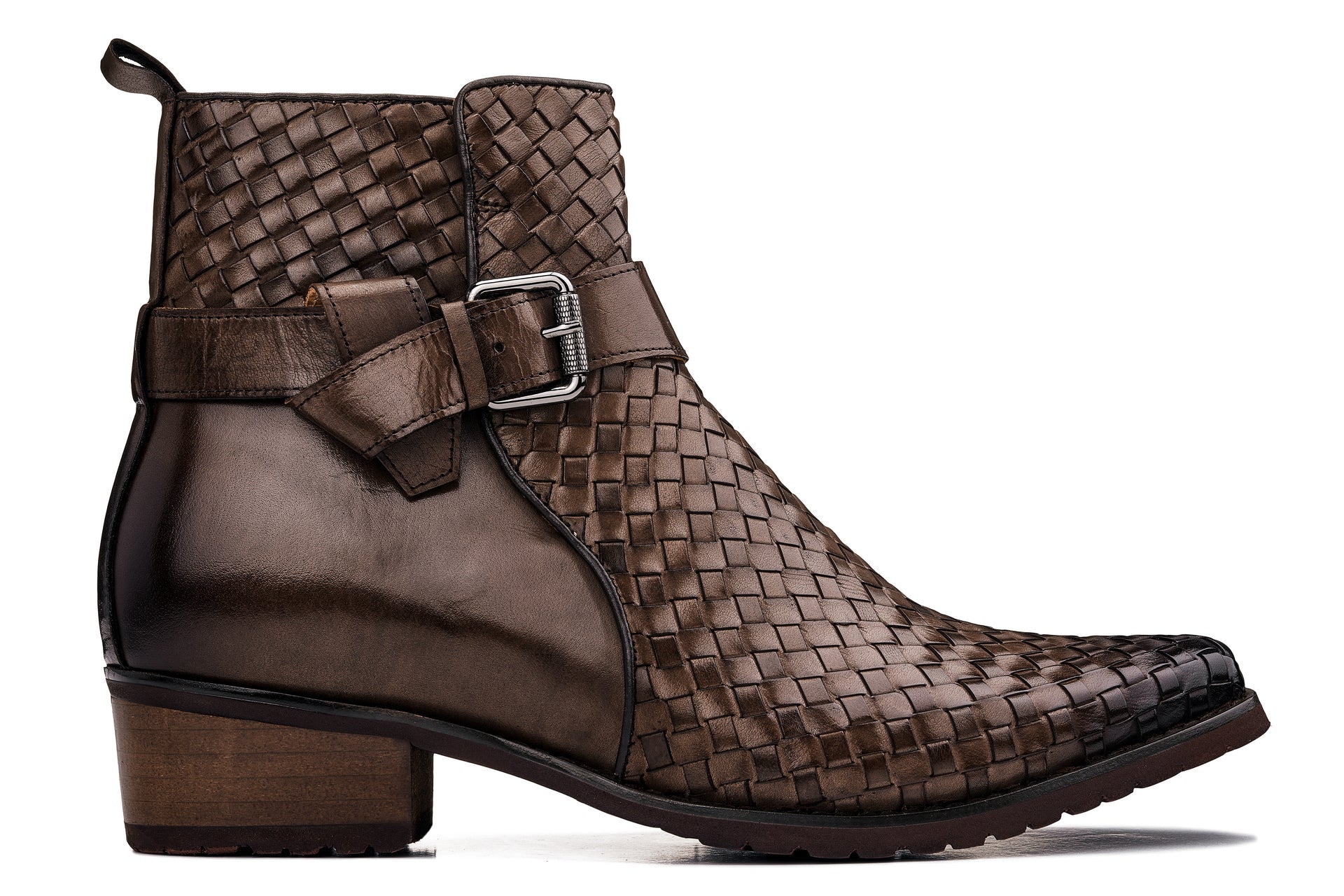 Coffee Brown Woven High-Top Buckle Zipper Ankle Boots - 3531
