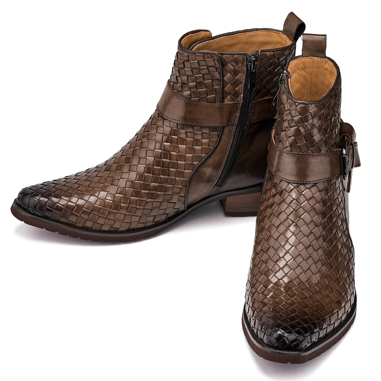 Coffee Brown Woven High-Top Buckle Zipper Ankle Boots - 3734