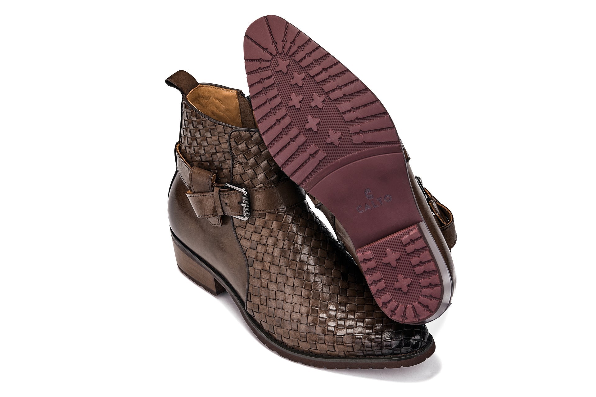 Coffee Brown Woven High-Top Buckle Zipper Ankle Boots - 3903