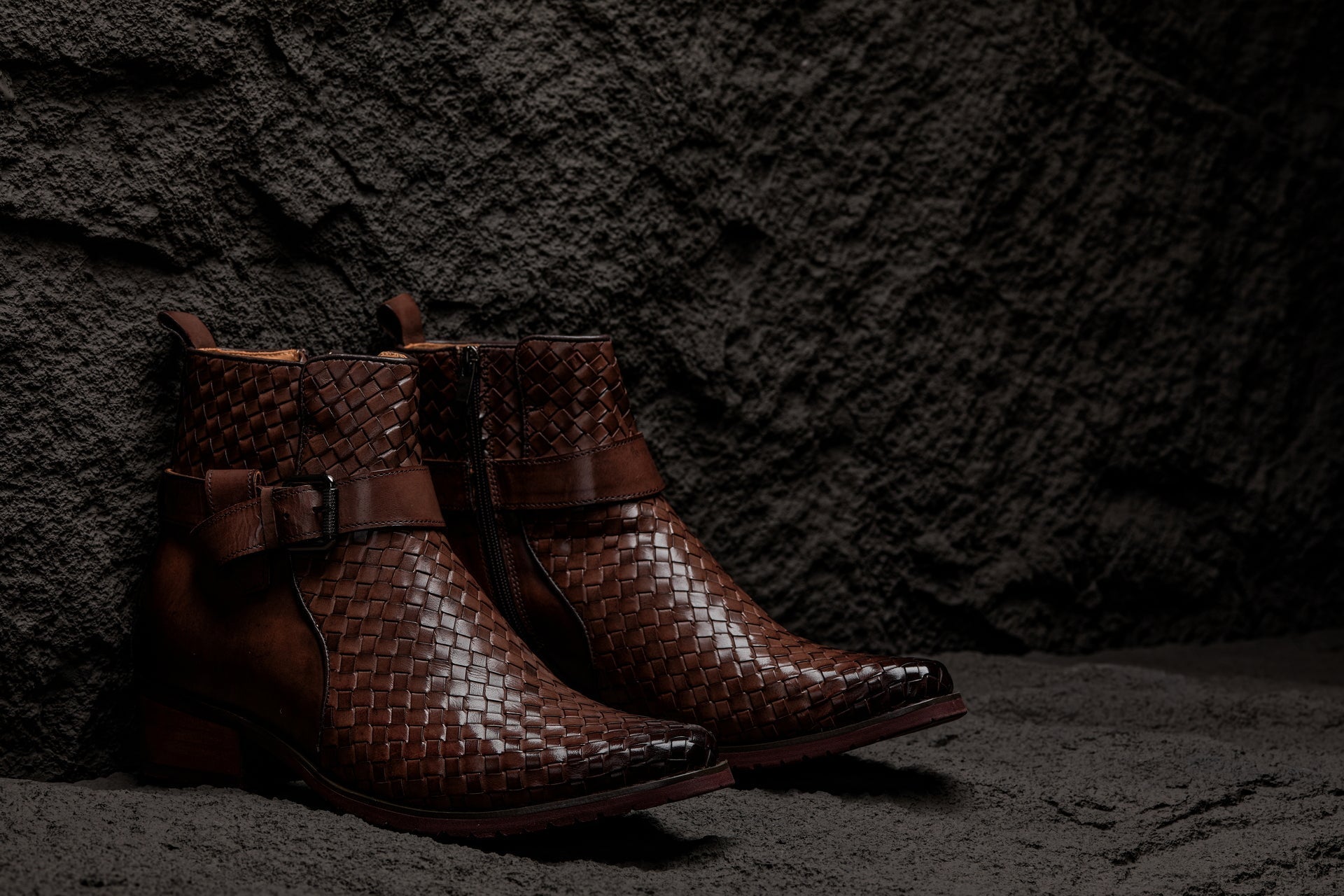 Coffee Brown Woven High-Top Buckle Zipper Ankle Boots - 3835