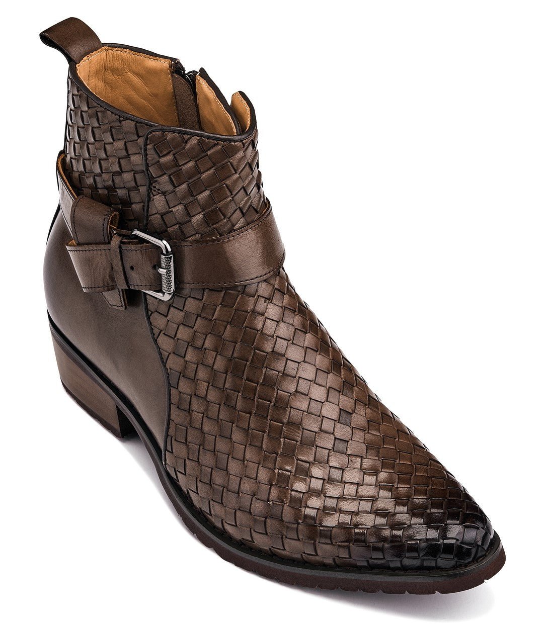 Coffee Brown Woven High-Top Buckle Zipper Ankle Boots - 3104