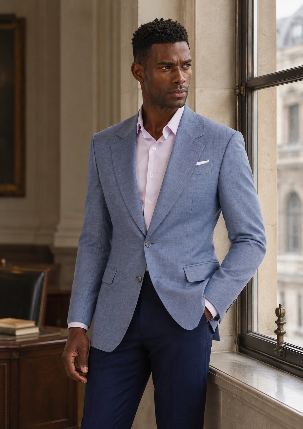 Columbia Blue Sharkskin Jacket worn by a model, bank office window614