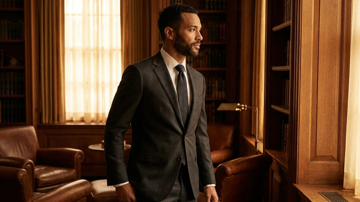 A man in a complete charcoal suit — jacket, trousers, shirt and tie — in a warm library.