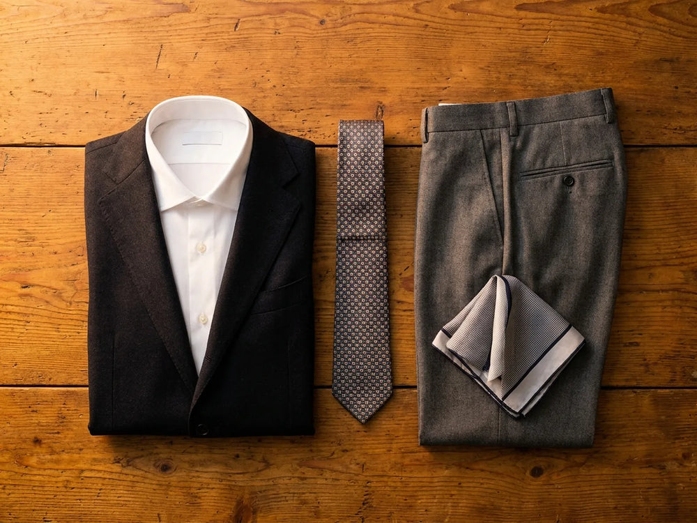 The components of a suit laid out: jacket, trousers, shirt, tie and pocket square.
