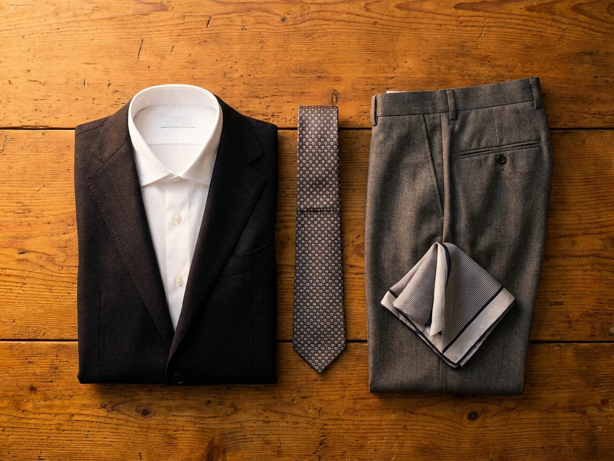 The components of a suit laid out: jacket, trousers, shirt, tie and pocket square.