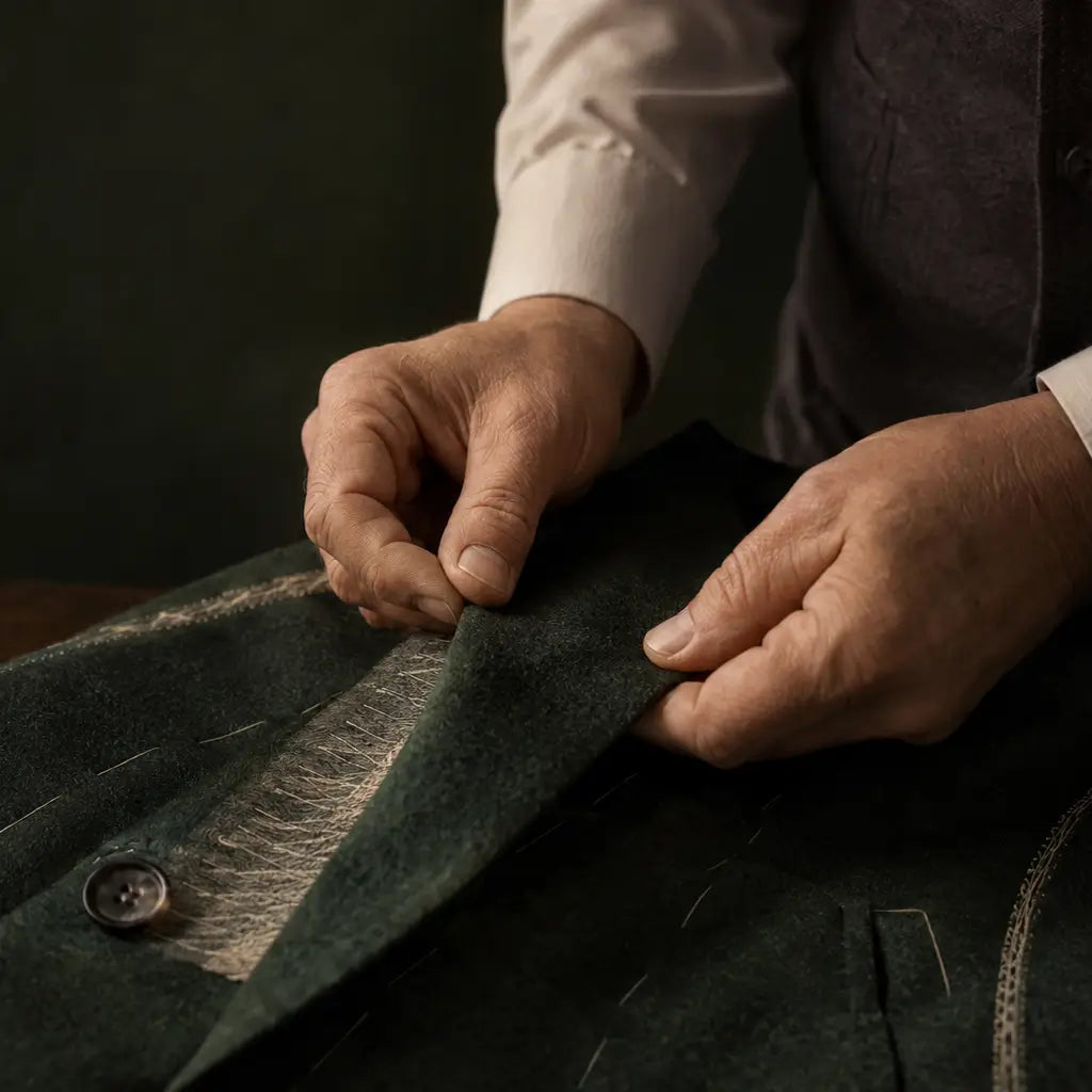 Close-up of a person's hands adjusting the lapel of a dark green wool-blend jacket, showing the texture of the fabric and lining.