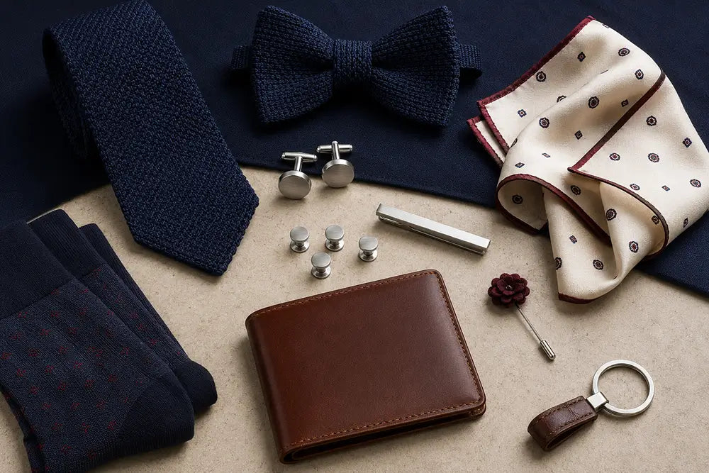 A men's formal accessories flat lay on a beige surface, including a dark navy textured tie, matching navy bow tie, cream pocket square with dark polka dots, navy dress socks, silver cufflinks and watch ties, a brown leather wallet, a silver slim case, a small brown flower pin, and a keychain9