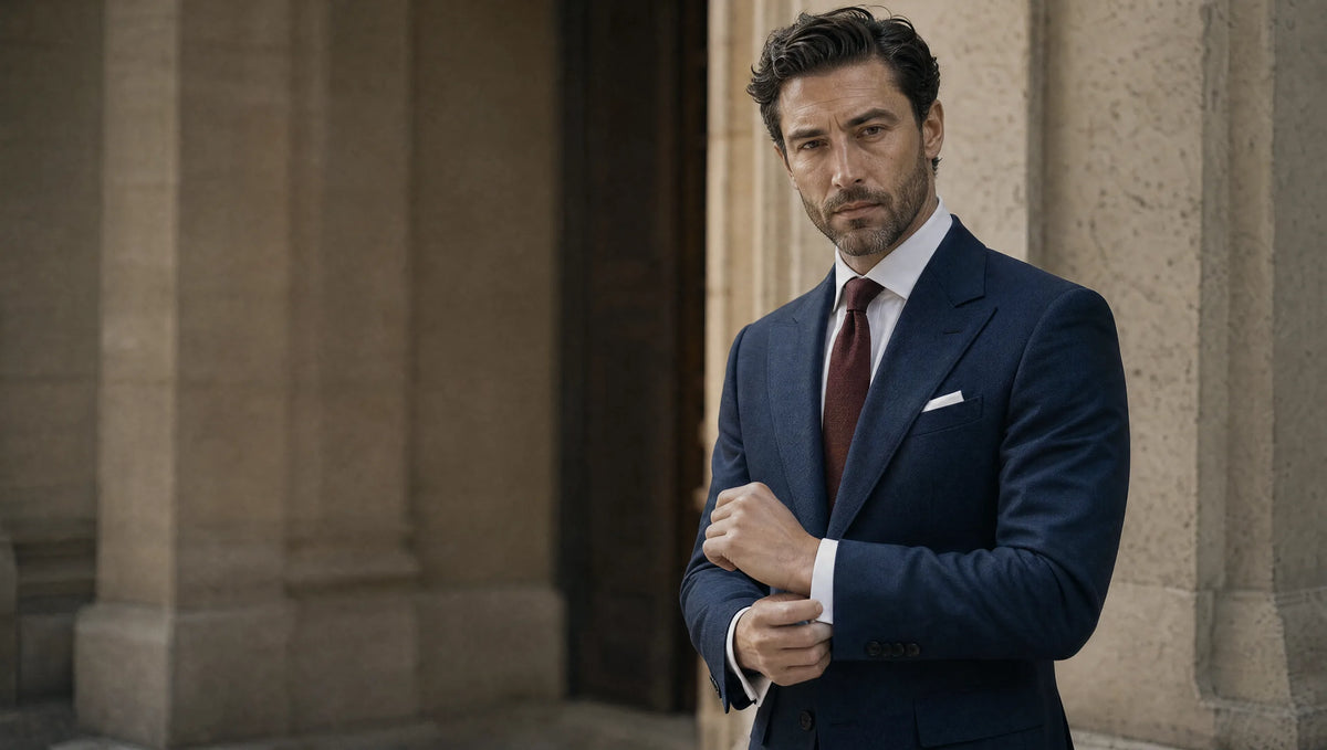 Man in a navy custom suit adjusting his shirt cuff outside a stone building