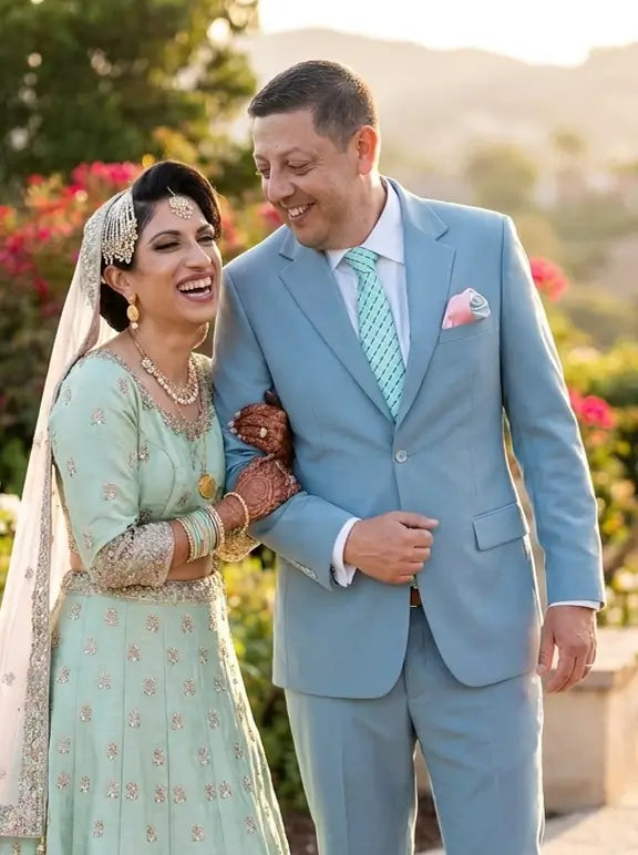 bride and groom wearing a light blue custom suit