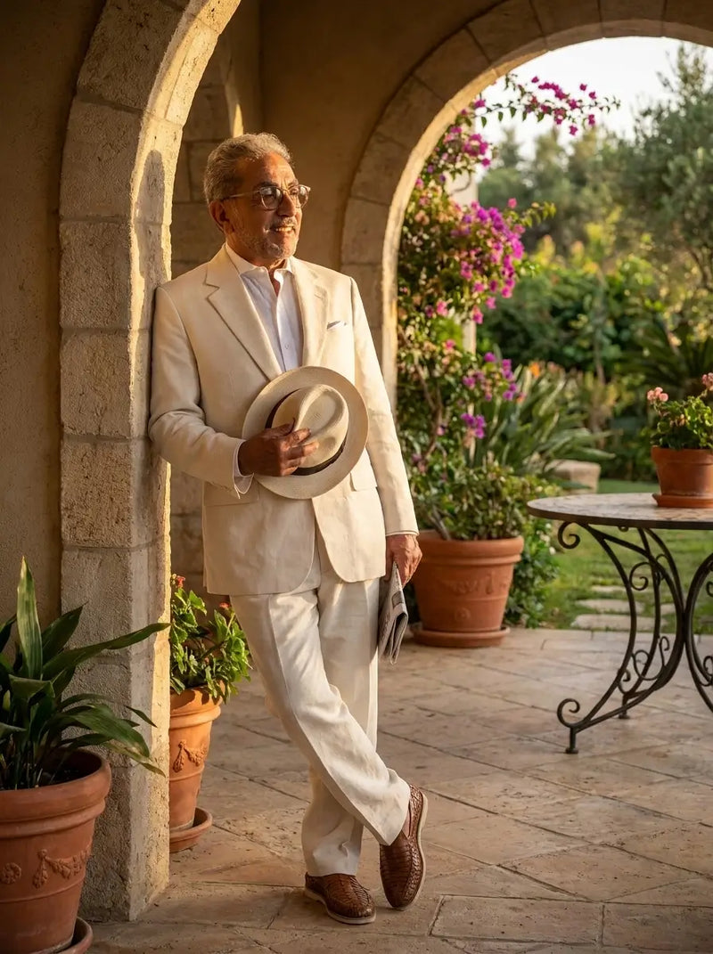 An older man wearing a light beige suit, white shirt, and brown loafers stands in a stone archway on a patio, holding a light-colored fedora hat. The background features a lush garden with pink flowers and potted plants.