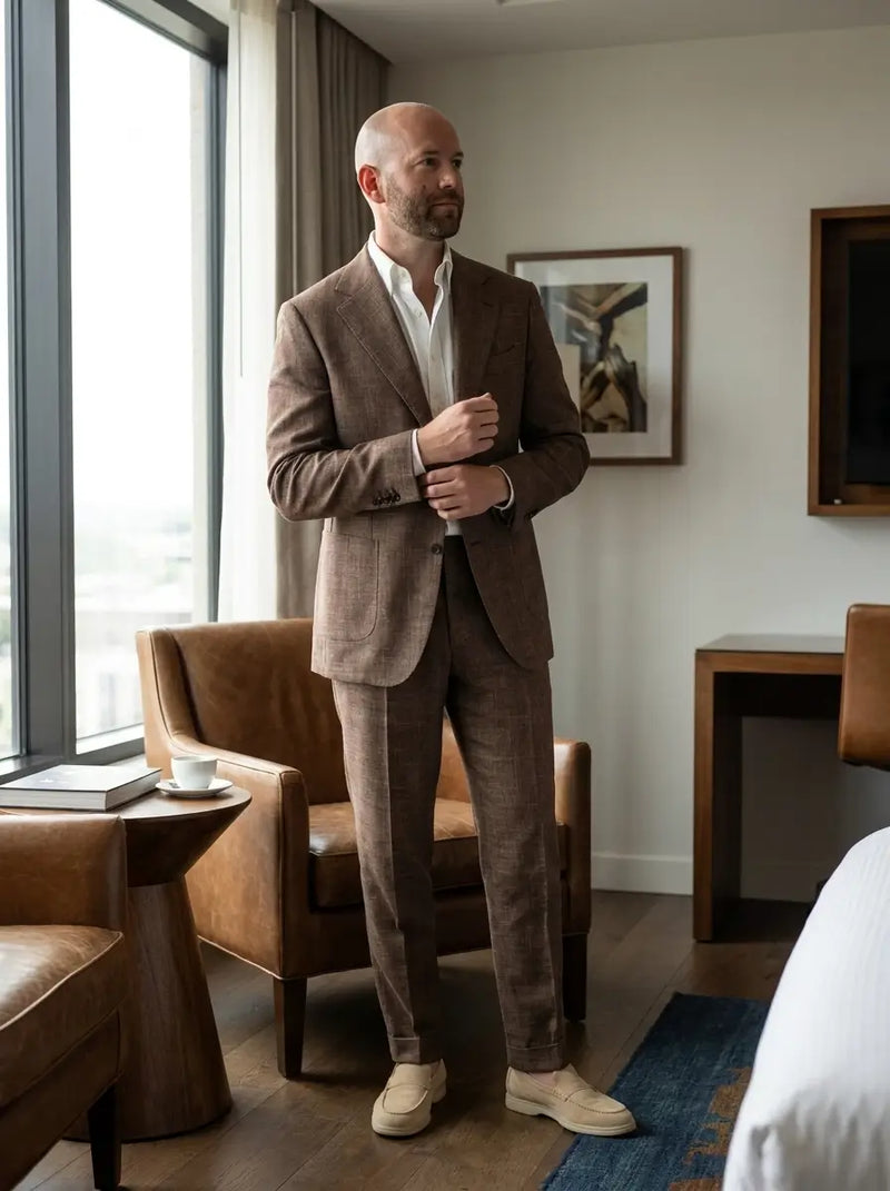 A man wearing a brown two-piece suit with a white shirt and beige loafers stands in a modern hotel room setting.