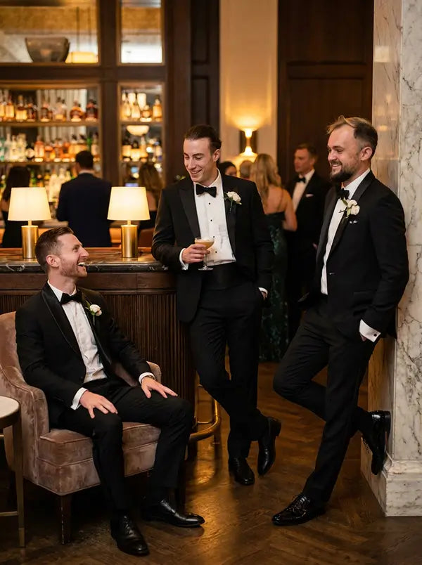 three men in black tuxedos