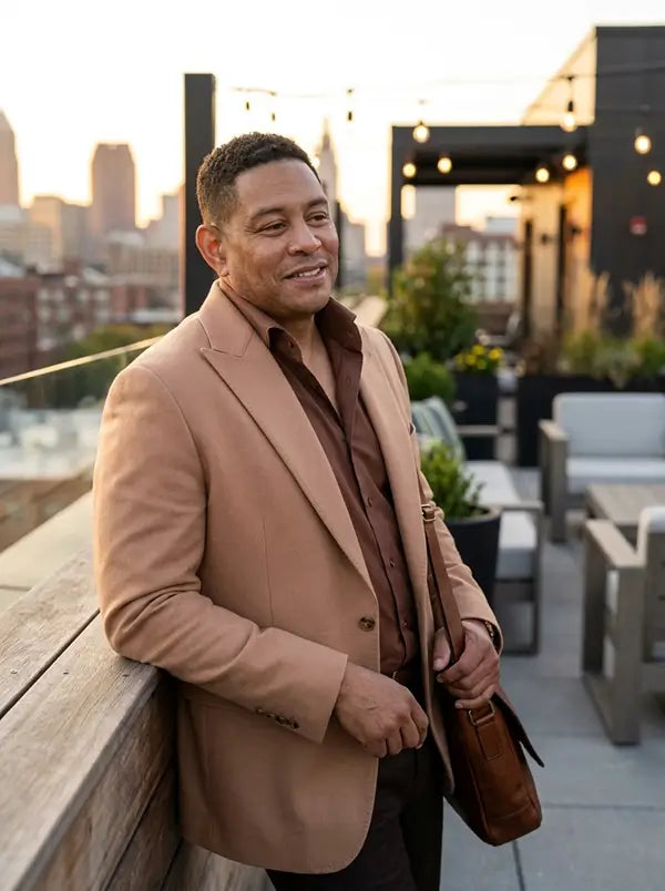 A man wearing a tan blazer over a brown shirt stands on a rooftop terrace at sunset, holding a brown leather bag.