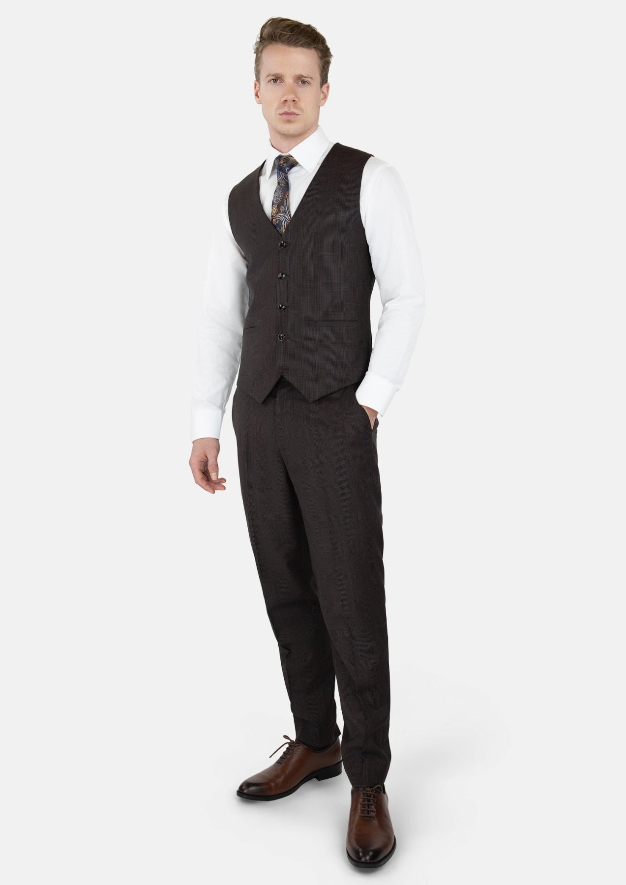 Dark Brown Prince Of Wales Vest - SARTORO292