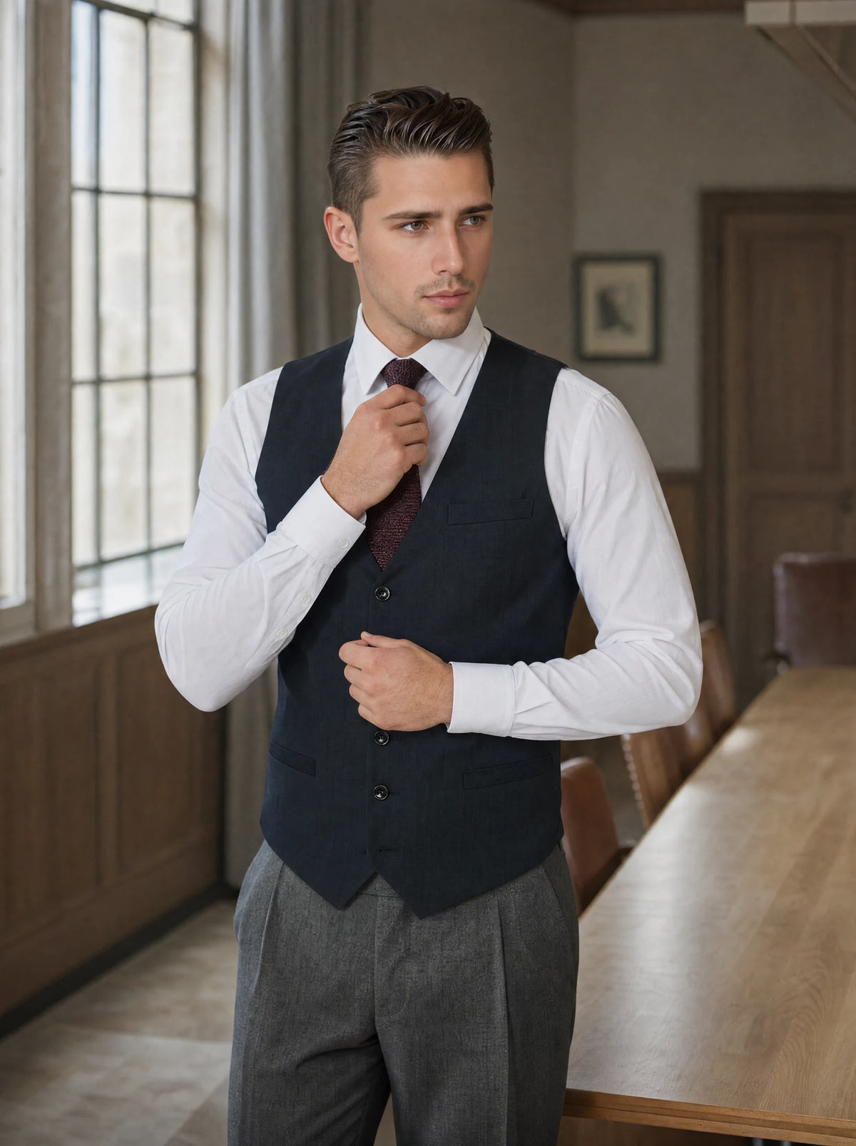 Dark Charcoal Twill Vest worn by a model, law firm boardroom360