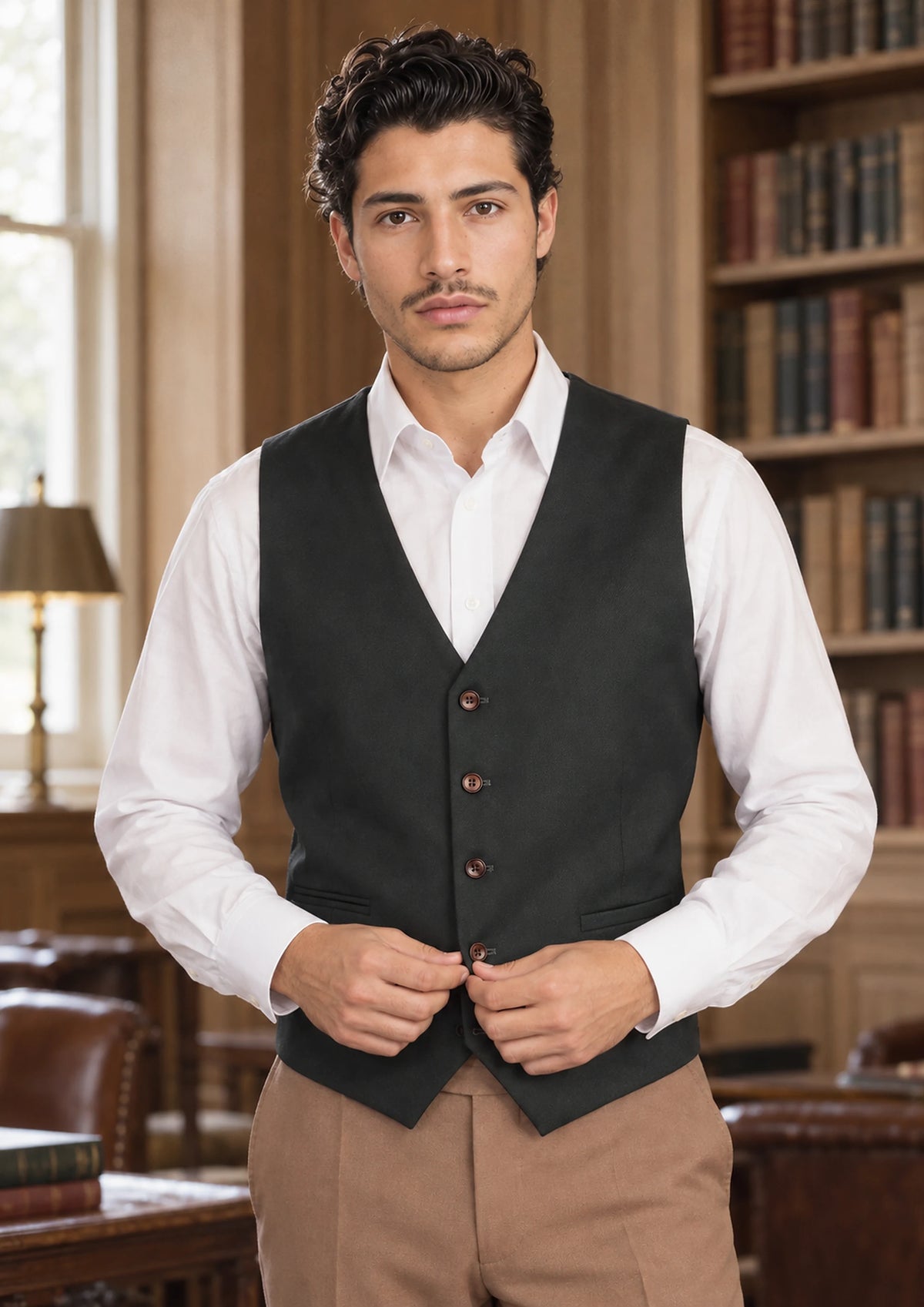 Dark Green Twill Vest worn by a model, club reading room310