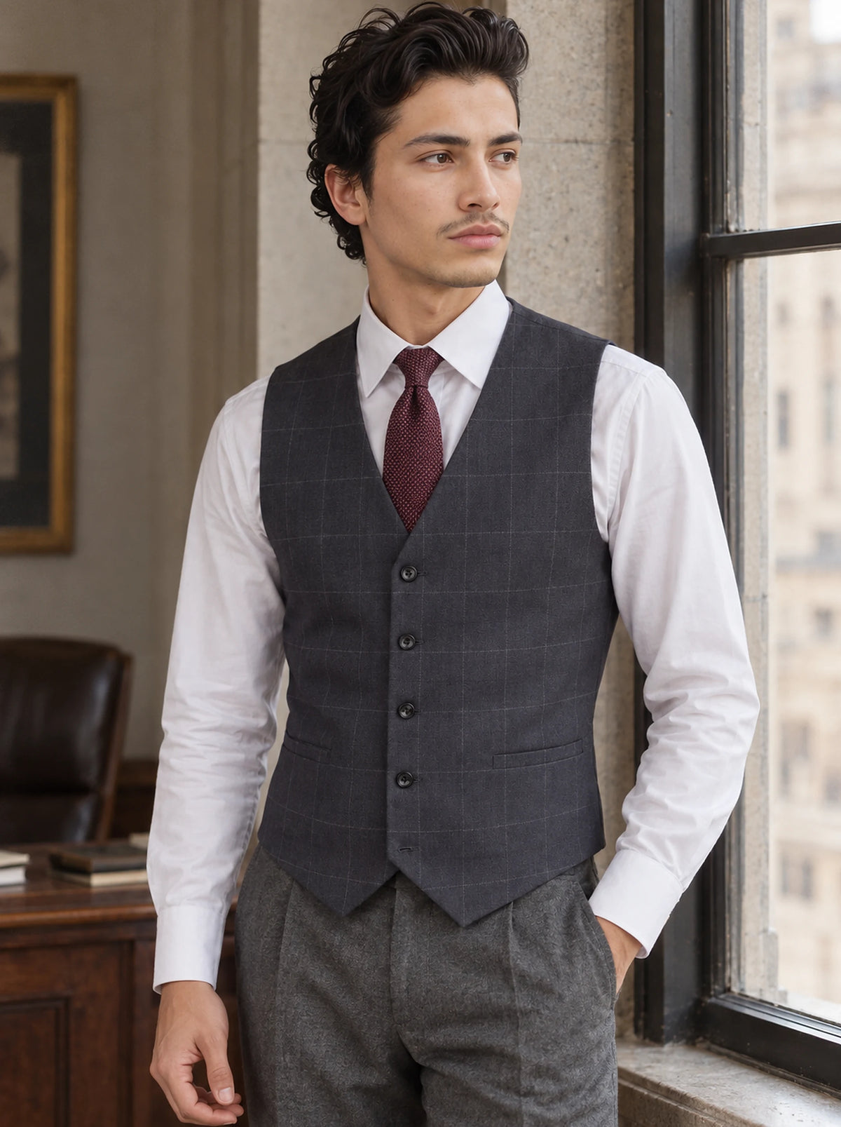 Dark Grey Windowpane Vest worn by a model, bank office window629